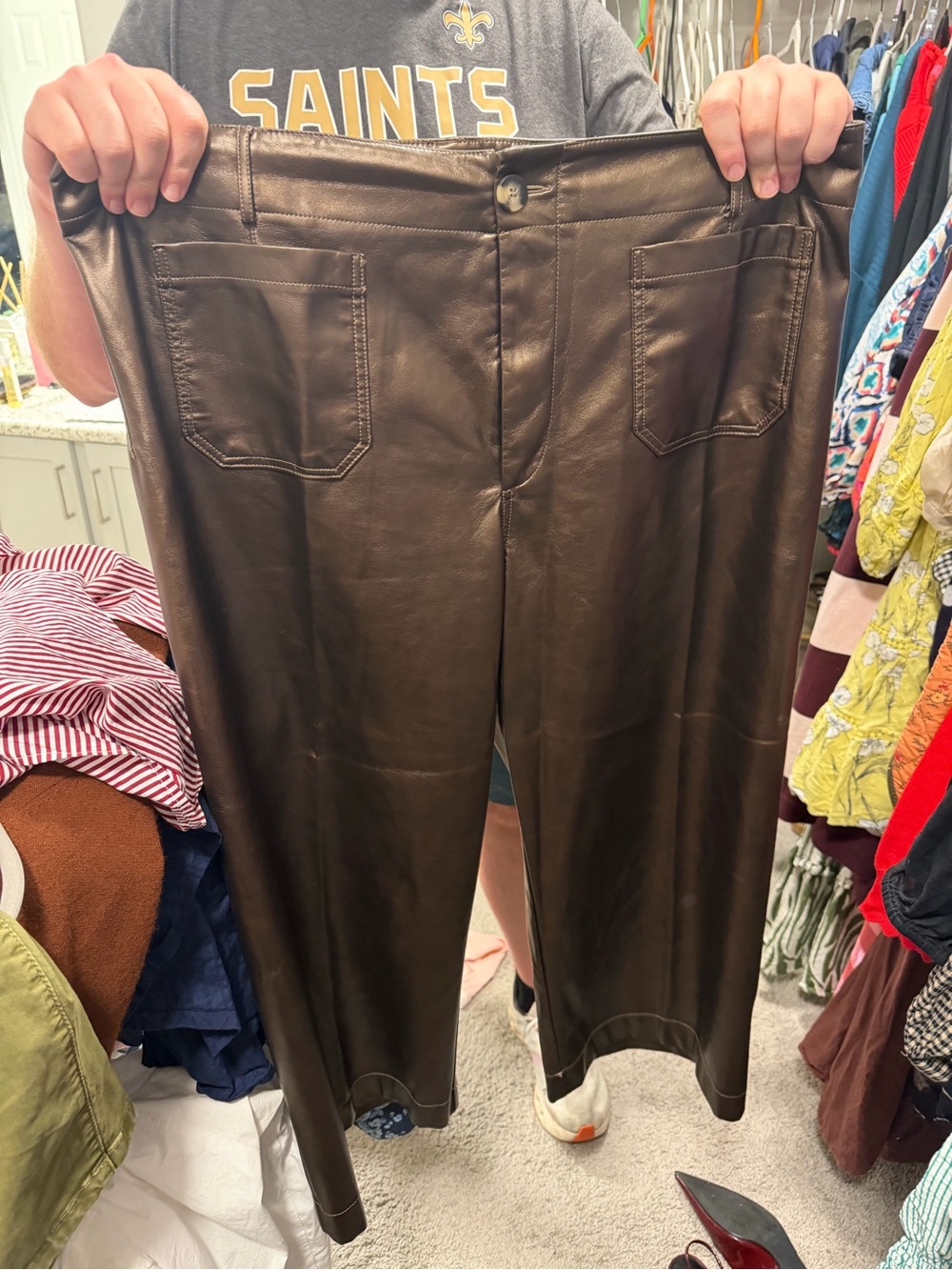 Faux Leather Wide Leg Pants - Dark Brown